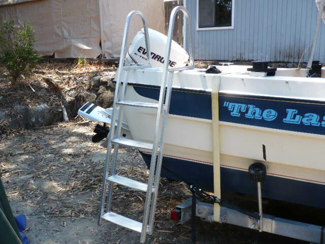 Got a new Pontoon Ladder. Fits snug and tight under cleat (for grankid type weights) Am going to have to devise system with standoffs for my weight. Also need to decide where to store the monster.