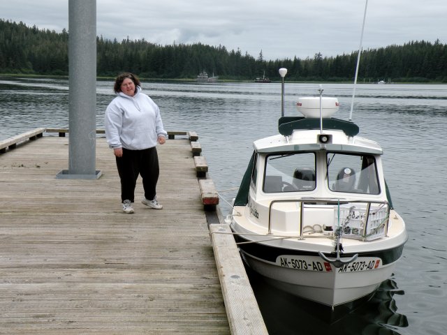 Helen streaching her legs at Taku Harbor public dock