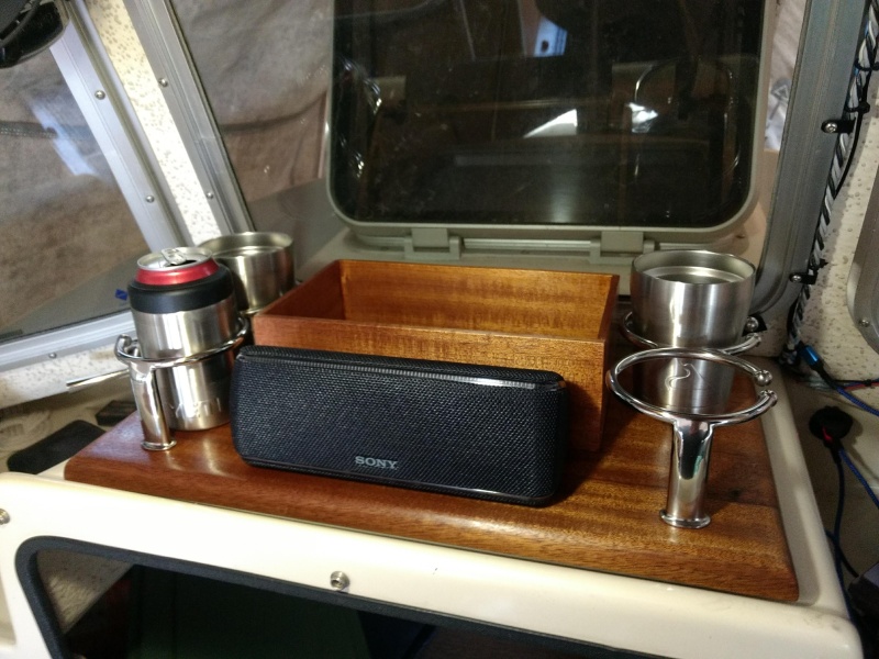 Here it is on the entrance to the V-berth. This is where it will live most of the time.

The little box will be great for binoculars and other junk that tends to accumulate up there.