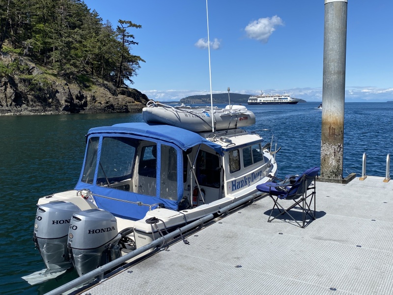Hunkydory at Jones Island.  Nation Geographic Quest in the background