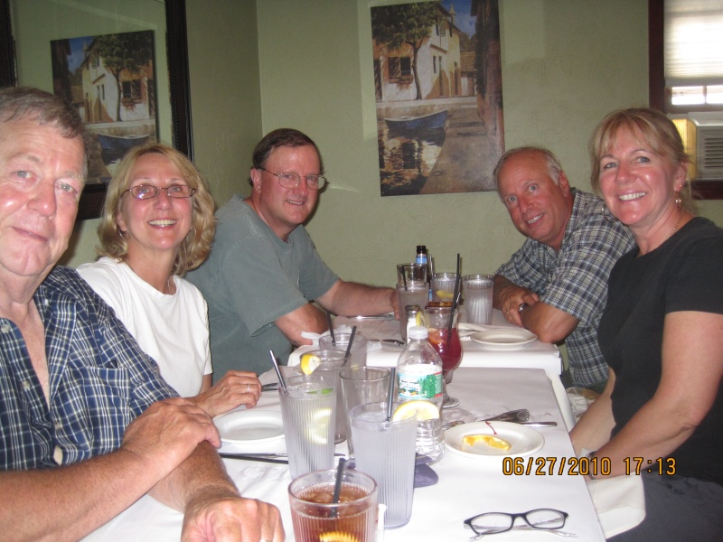 I think this was in Wickford R.I. a hot steamy afternoon early dinner to escape the heat. From the left Dave,Ginny,Dun,Mike,Jess, Becky missing who was taking the picture. Who pinched Mike?