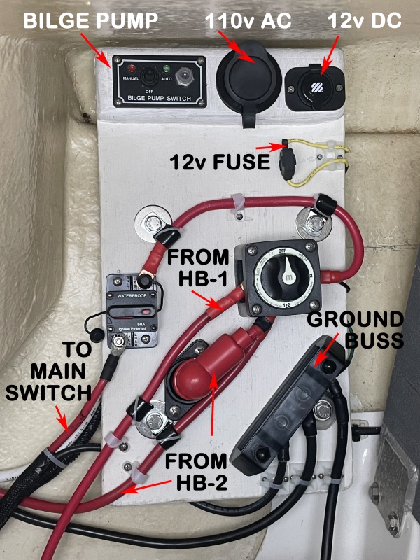 I wanted to add the 200ah house battery salvaged from the 25.
The 2nd switch allows the new battery to be used as a second house battery for instruments and lighting when switched to ?2? or independently connected to inverter when switched to ?1? the regular house battery does instruments and lights while the big battery only does inverter 110 AC.
The main switch only sees a house battery when not off.