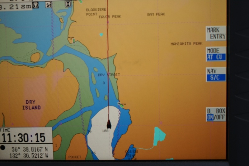 Inside Passage 2011 258 - Southbound, Dry Strait.  The charts here are unreliable. The blue deeper water path shown bending East (left) away from Blaquiere Point was choked with silt from the Stikine. Best course around Blaquiere Pt favored the shore line of Mitkof a little more closely than the chart would indicate. This trip was done on the last couple of hours of an incoming 13 foot tide.