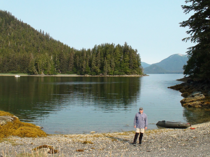 Jay on Chock Island, Gambier Bay, Admiralty Island in front of nights achorage