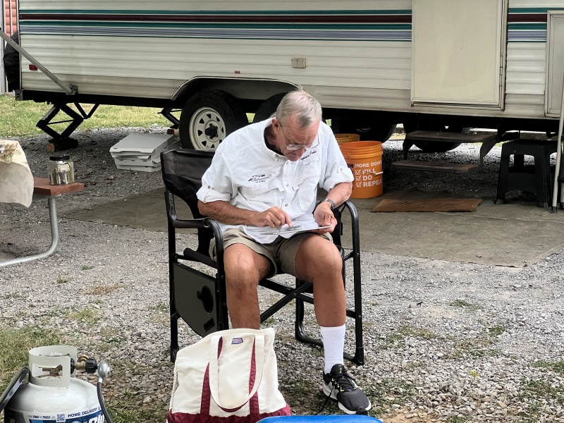 John studying his notes