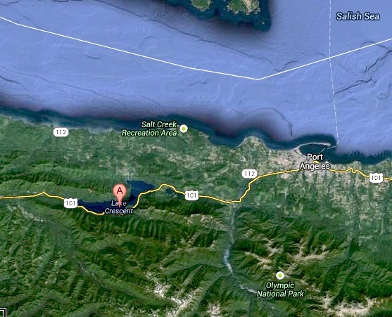 Lake Cresecent, WA.  Pointer in approximate location of Storm King ranger station.