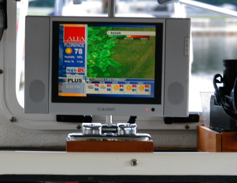 LCD-TV-in-Daytime-Light in operation: I found an inexpensive but very rugged mount and raised it slightly so that it stows flat on a rubber mat for shock protection.
