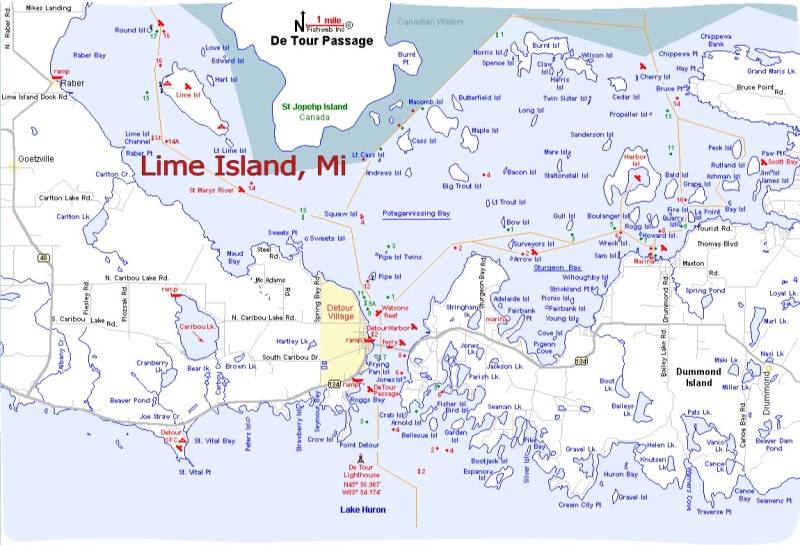 Location of Lime Island.   To the North is Lake Superior, To the South is Lake Huron , to the East is The North Channel and entrance to Georgian Bay. To the West is the Straits of Mackinac
