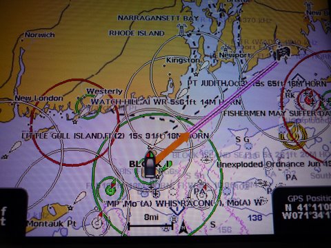 Look closely at the black and white dotted line and you can see our tracks up and thru the bay and then up and out to Westport and back down to Block Island