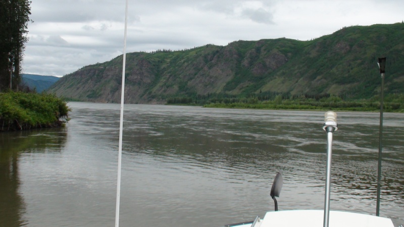 Looking toward the fast water of the Yukon from our anchorage at Flanagan\'s Slough