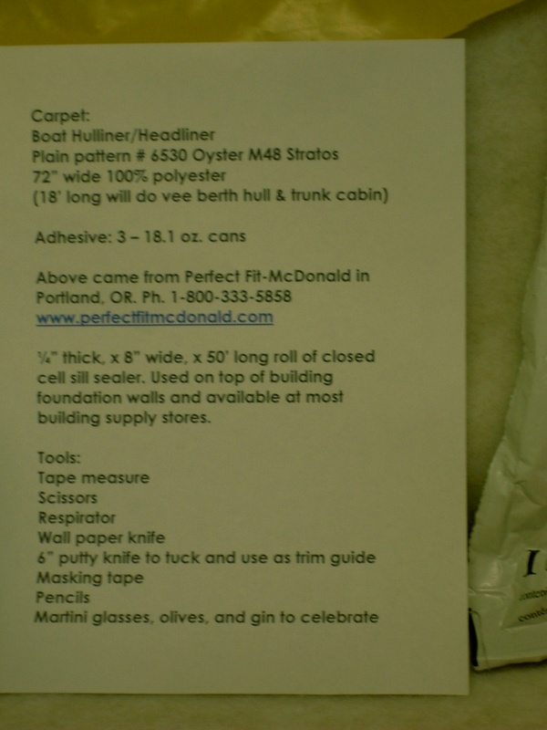 (Lynn Marie) Carpet project on the Lynn Marie. What I used and where I got it.