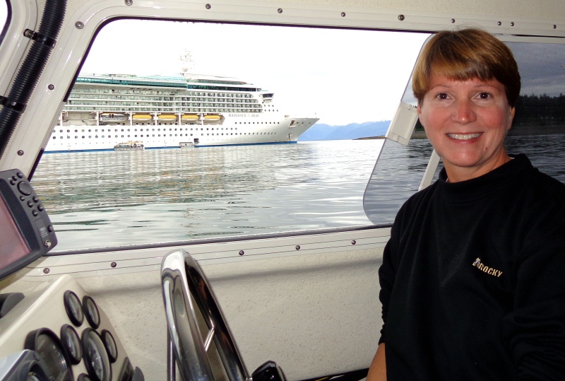Mary driving by a cruise ship in Hoonah that her friend was on.