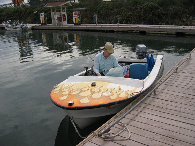 Me in the Delta rental runabout 10-04, the next day it poured cold rain all day, where is the cabin?