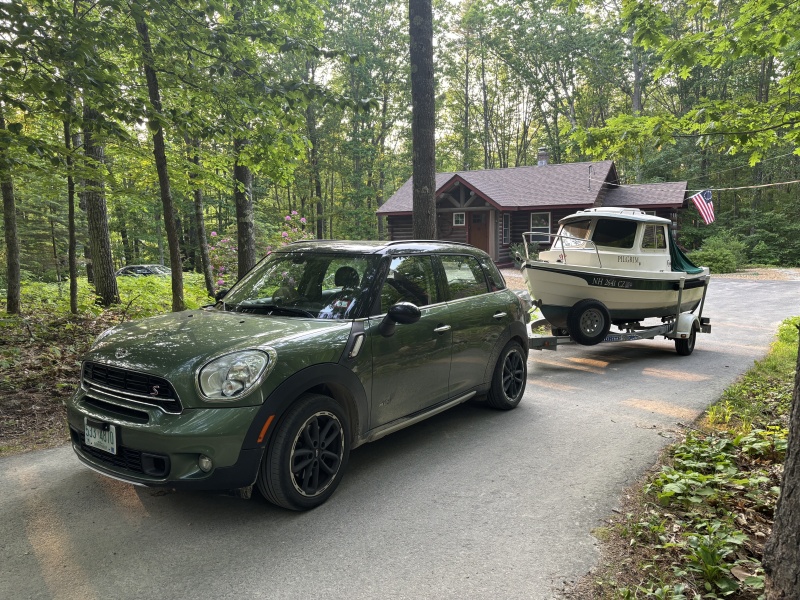 Mini Countryman towing C-Dory (just three miles to local launch)
