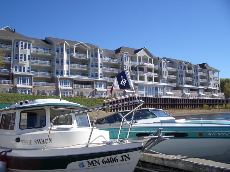 Minnie Swann in front of our Condo on the Mississippi river in Prescott,Wi.