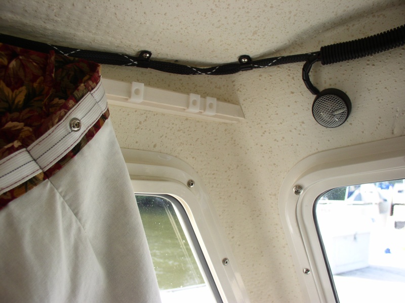 (Minnow) Curtain snap track detail. Made from Azek plastic lumber. Infinity Tweeter on right. Woofers are mounted in cabinets below facing forward.
