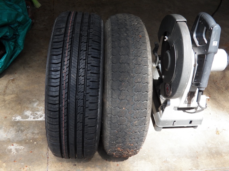 My "new" 13" tire next to my new 15" tire.  The 13" tire has about 2,500 miles on it and the left hand outer tread has worn below the siping (and I just rotated them for that reason).  Looking at the top profile, both shoulders are wearing faster than the center despite maximum pressure (50 psi).