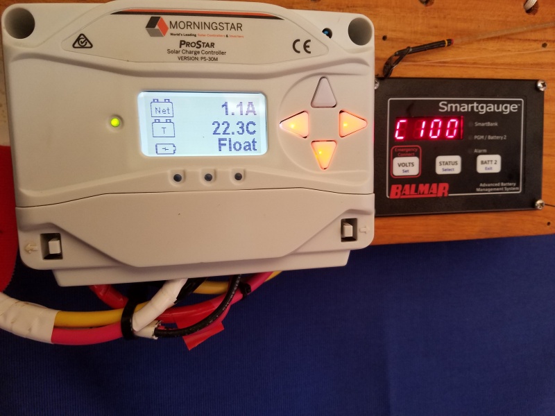 My new Balmar smartguage, along with the Morningstar solar controller are my battery monitoring system. The gauge is showing 100% charge, so the solar is at float stage.
Both were a very easy install.