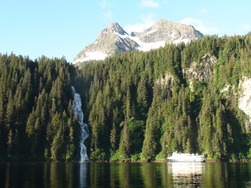 National Geographic ship "Seabird" near Red Bluff Bay waterfall
