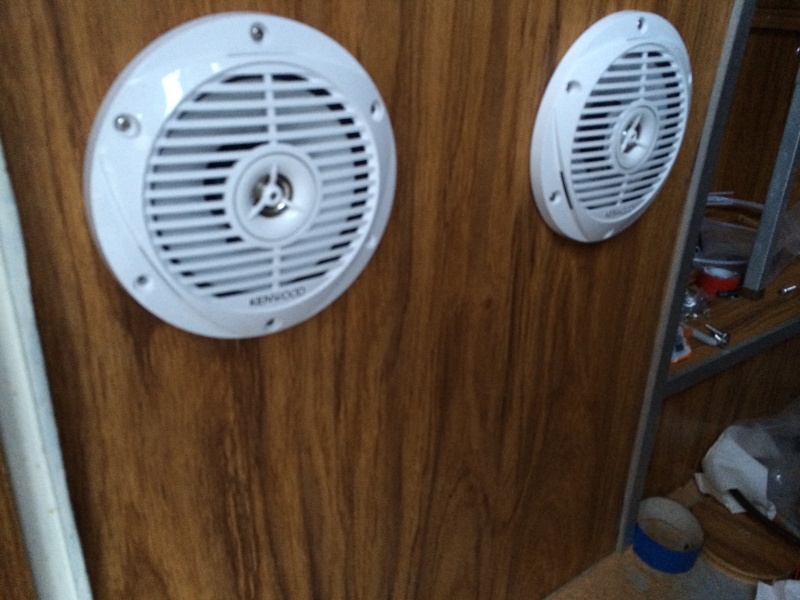 new kennwood marine speakers in first port side seat hopefully we can get music onto deck without blasting people in the cabin