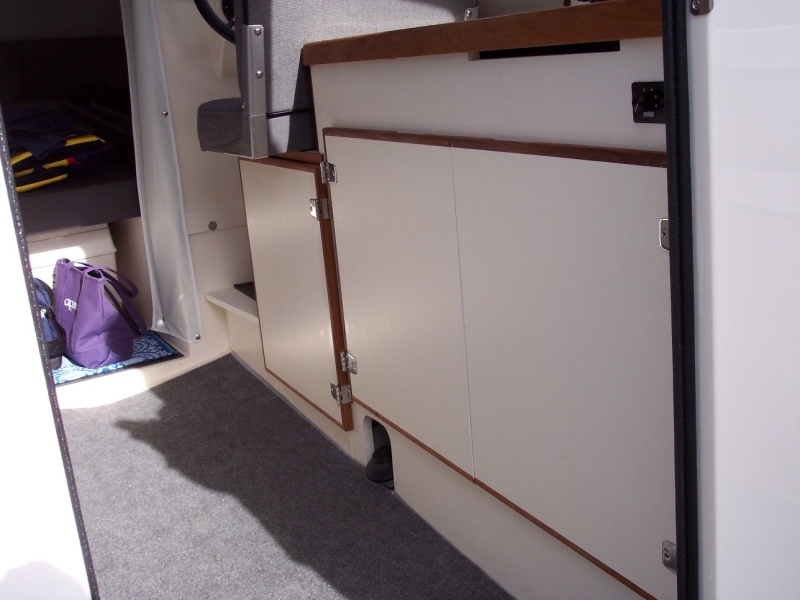 New style doors with teak trim and replacement of the ice box with door and shelf.