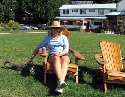 On the lawn, overlooking the bay