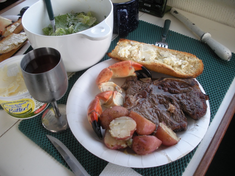 Our one non-seafood dinner.  Steak, potatoes, fresh salad, stone crab claws and toasted bread done on the grill.