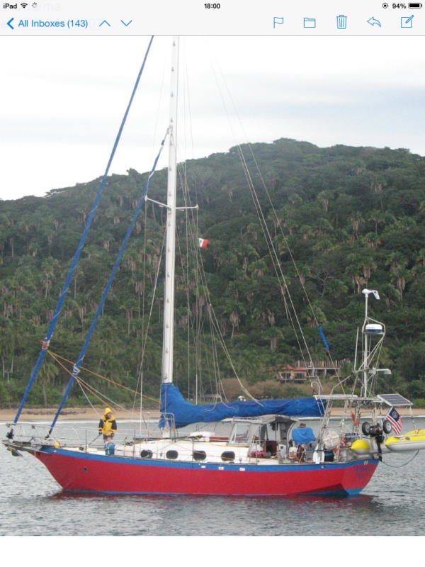 Our steel cruiser \"Audacious\" that I rebuilt everything from stem to stern over 4 years about to anchor off Chacala north of Puerto Vallarta Mexico 2014.  My first solar system, 300 watts ran the boat.
