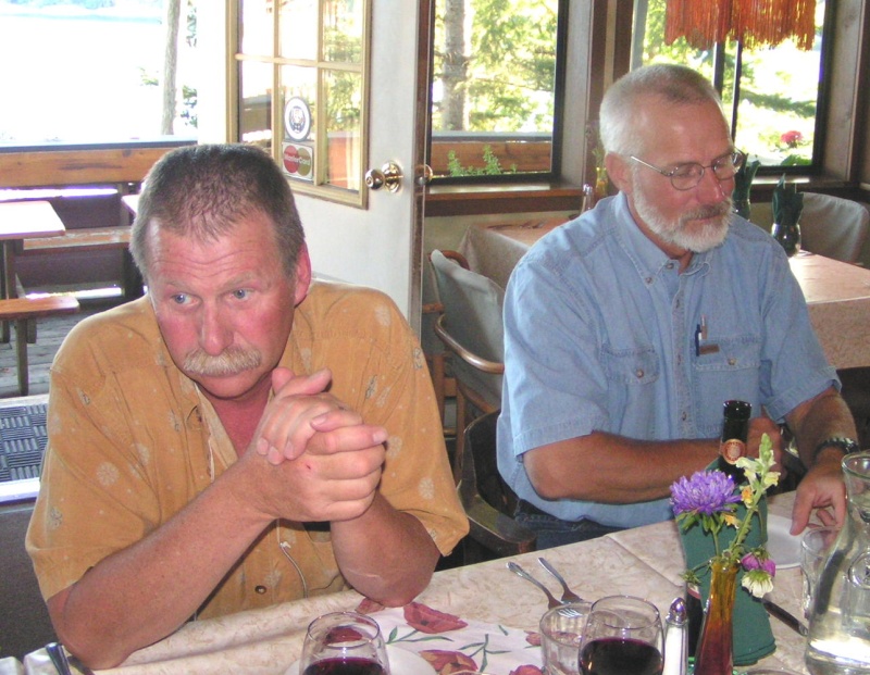 (Pat Anderson) John Schuler (Clara) and Crew Kurt at Floathouse Restaurant Gorge Harbour 9-10-05