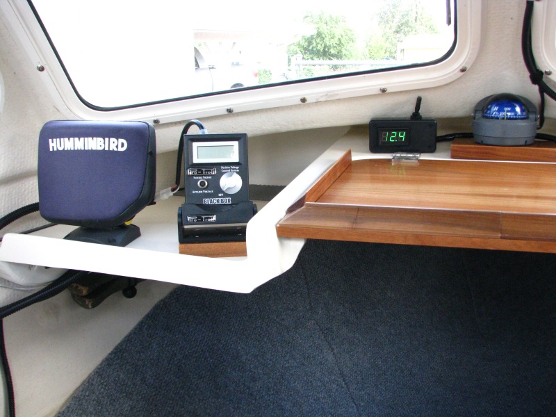 Port side dash, showing fish finder, black box, compass and switchable battery volt meter.