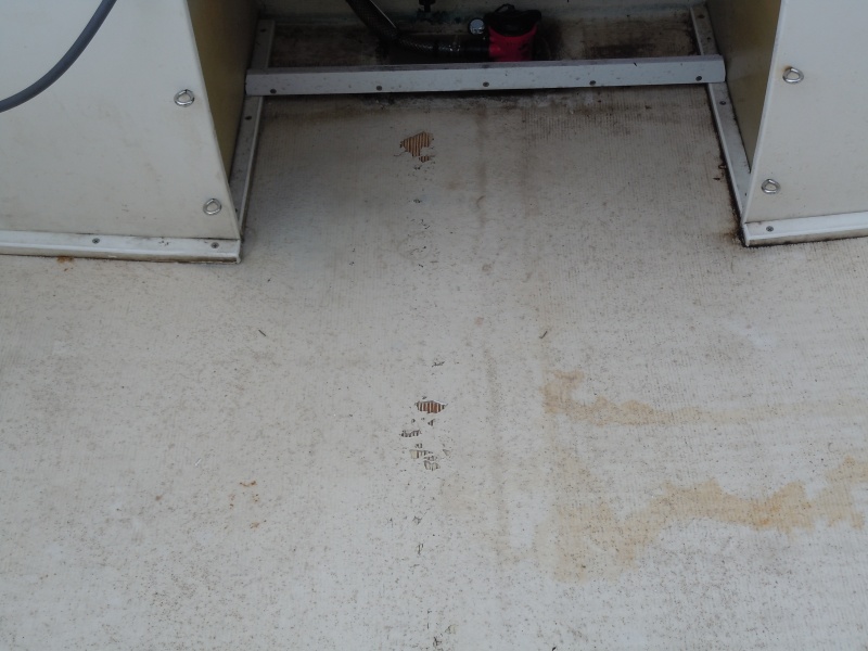 Pulling up the dri-dek revealed a line of gel-coat delamination from the bilge pump well almost to the cabin door.