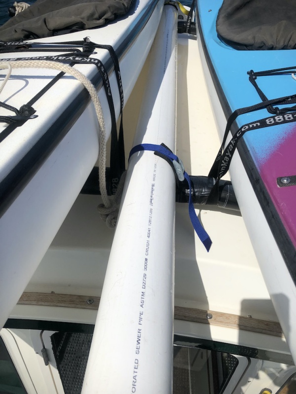 PVC Fender storage - keep it tied to roof rack then simply lift over kayak and hold with 2 ft cinch stops (ft & rr)