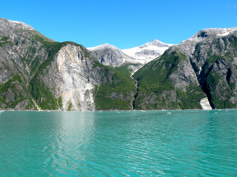 Recent rock slides (bright areas on cliffs)