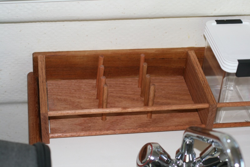 Removable dish rack - made with sheet of oak and eight 3" pieces of 3/8" dowels