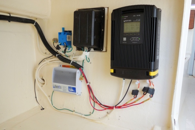 replacements Galvanic Isolator (now Fail Safe required) and  3 bank Blue Seas PS40 battery charger, places batteries into pre-float independently
