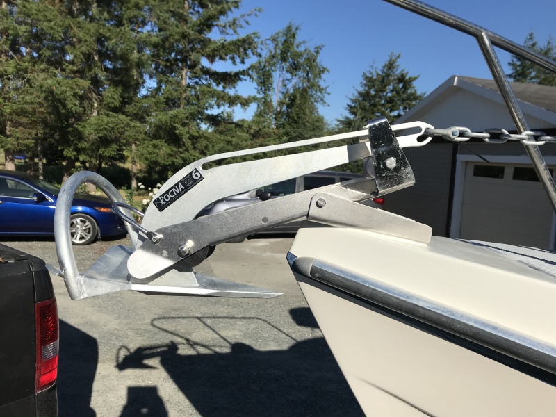 Rocna 6kg fisherman anchor. SeaDog pivoting bow roller.