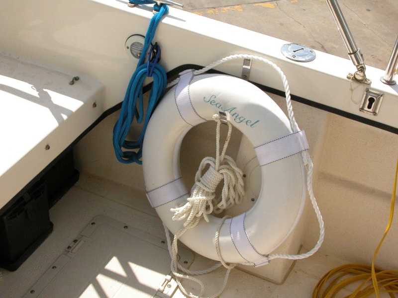Sea Angel Aft Port side Shockcord Line Hanger -3/8" blue 25' braid stern line- after the Life Ring is mounted.