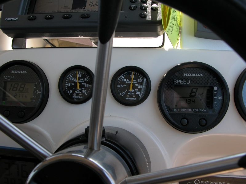 Sea Angel's HONDA 90s water pressure guages (Approx. 15psi each) - note RPM at 1880rpm on port engine with water speed indicating 8mph