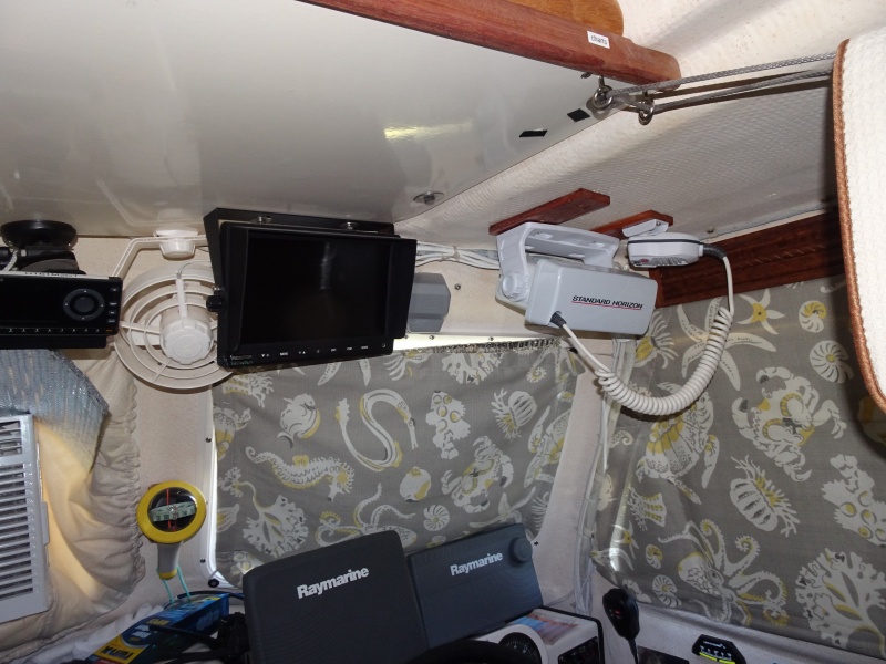 SH radio, monitor, RayMarine 9" and 7" monitors (GPS, Chart, Data, Radar, and Sonar, include down scan and CHIRP.  Silva hand bearing compass is also steering compass