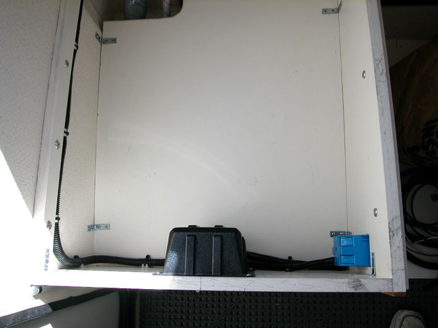 Shore power cabling, AC panel and GFI outlet mounting locations inside port aft seat box