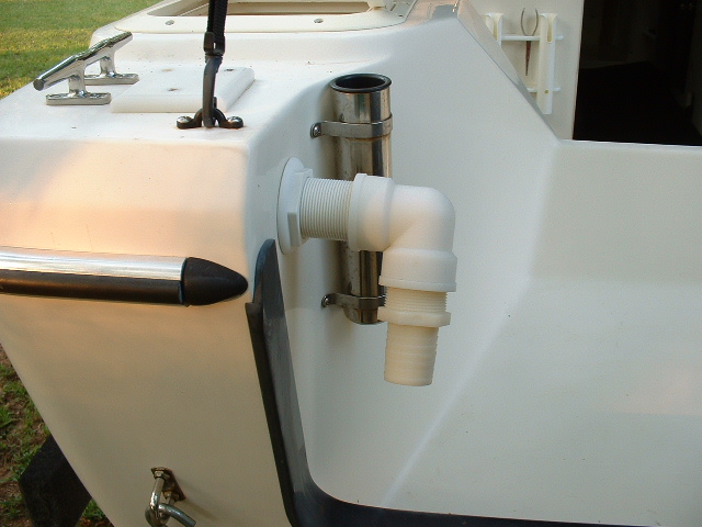 Since the pump runs continuously, filling the tank faster than the drain tube allows, this fitting dumps excess water overboard. A plastic mesh screen prevents bait from going out. The previous owner reports that bait stays alive a very long time...because of the continual supply of fresh, clean water circulating in the tank.