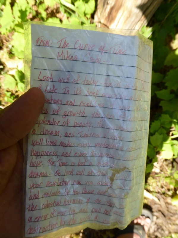 Someone attached a copy of Andrew "Mike" Shuttler's Credo (as documented in The Curve of Time) to the sign at Melanie Cove where he homesteaded in the early 1900s