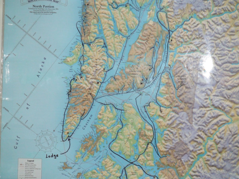 South end of Admiralty Island center of photo with Baranof to left with Port Alexander and Cape Ommaney at south end.  Chichagof Island due north of Baranof Island
