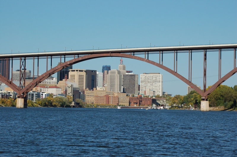 St.Paul on left decending bank of Mississippi, Harriet Island on right. Last stop for Grand Excursion 2004.