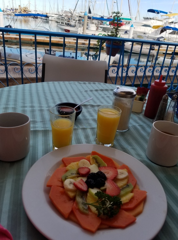 The breakfast $3 fruit plate at Marina de La Paz, along with hand squeezed orange juice, we love Mexico!