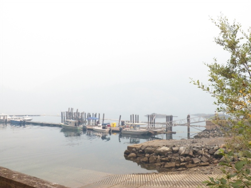 The smoke filled the sound after a couple of days.  I took this picture when we returned to Fair Harbor for gas.  It is taken from the same spot as the first picture of the marina.  Visibility was 1/10 of a mile in parts of the sound and there was none of the "refreshing" feeling of fog.