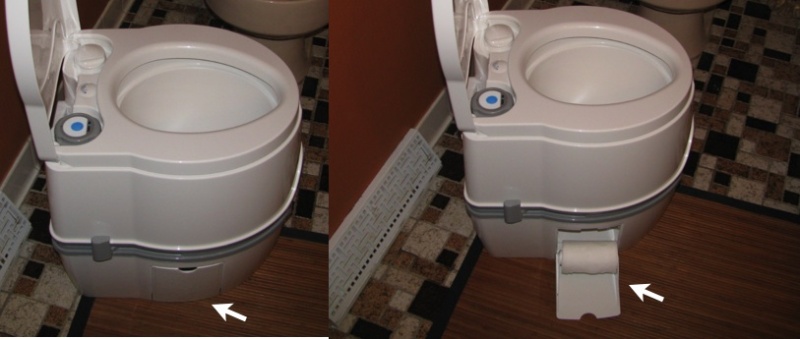 Theford Curve Built in toilet paper dispenser.  Incidentally, for those of you who are too shy to ask:  if you need to deal with solid waste, just pre-fill the bowl with water (with the valve closed of course), do your duty, then flush.  It works no differently then at home.  My wife and friends are extremely well pleased with the toilet enclosure and the function of this toilet that is so close to what we have at home.