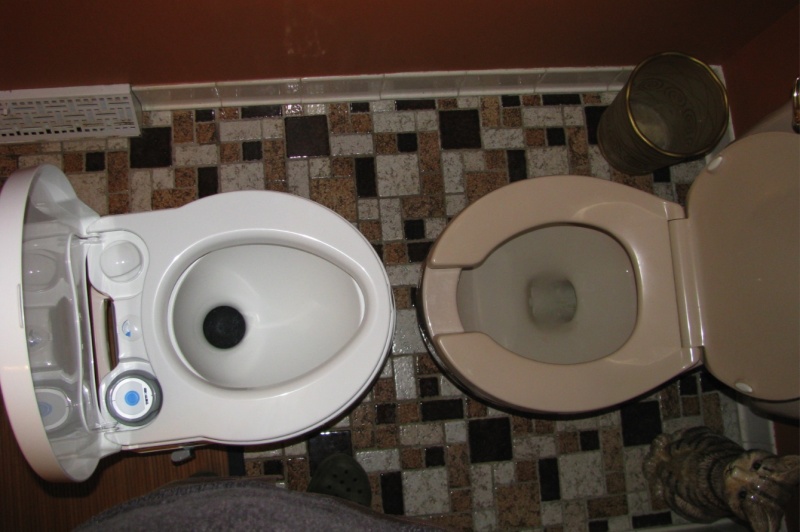 Thetford Curve vs Standard Home Toilet. As taken from Thetford's website, here are some of the specifications: 
- --Height: 17-5/8"	Fresh Water: 4.0 gal 
---Depth: 17-3/4" Waste Tank: 5.5 gal 
--- Width: 15-1/4" Average Flushes: 56 
--- Battery-powered flush