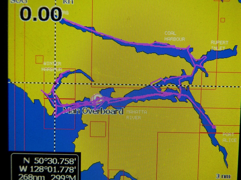 This is a screen shot of my travels.  Ignore the "Man Overboard."  That's where I caught the salmon and I pushed the wrong buttons to mark the spot.  The GPS readings are for Winter Harbor.