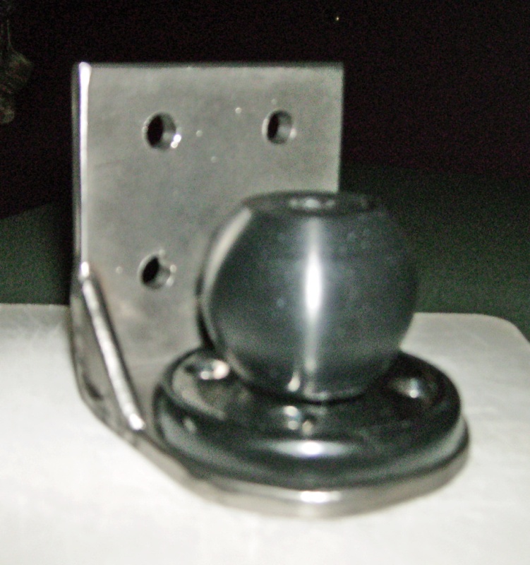 This is what the mount will look like with the foot ball attached.  The plate will mount to the starboard side of the motor well, as low as possible.  I have a stainless backer plate for the bracket, access in the starboard lazarette.  Bracket probably overbuilt with 1/4" stainless, gussets welded for extra strength.  Total cost for the bracket - $20 (not including the Garhauer mounts)